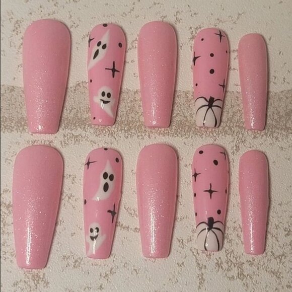 Handmade Pink Glitter Halloween Ghost Pumpkin Star Moon Coffin Press on Nails - Picture 1 of 1